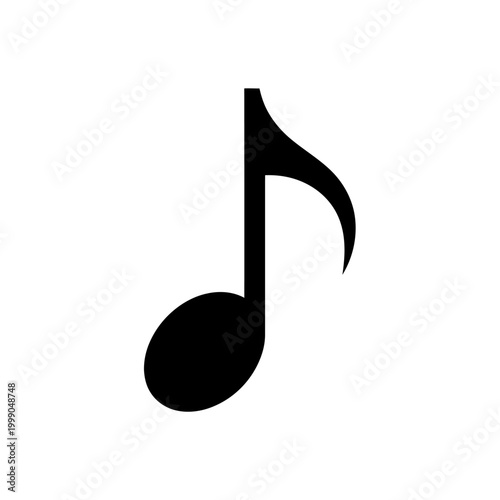 Simple black eighth musical note symbol isolated on white, representing sound, melody, rhythm, and audio concepts for design.