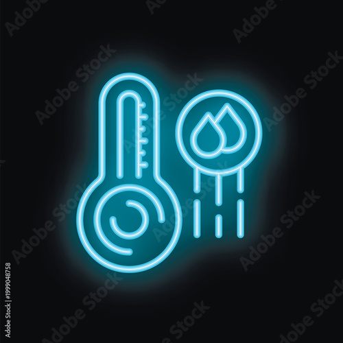 Blue neon icon of a thermometer with high temperature and heavy rain, symbolizing hot and humid weather