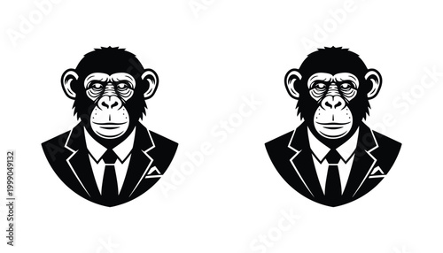 Professional chimpanzee in business suit vector illustration icon set for corporate leadership and serious monkey character branding concepts isolated on white background
