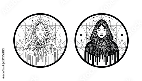 Mystical woman with hood and geometric patterns circular icon set for astrology spiritual and esoteric design concepts isolated on white background