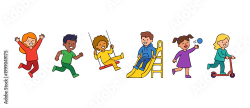 Happy children playing outdoor activities, diverse kids group having fun on playground, vector illustration of smiling boys and girls jumping running swinging sliding riding scooter for school educati
