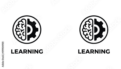 Human brain and gear mechanism inside circle icon set with learning text for education and cognitive intelligence concepts isolated on white background