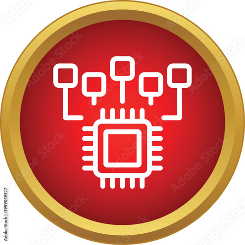 Processor chip icon distributing data to multiple connected modules in a red and gold circle