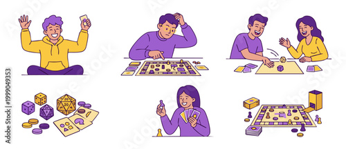 Board game players set, people playing tabletop games with dice cards and tokens in a flat vector illustration style, leisure activities and fun social entertainment concept for family game night coll