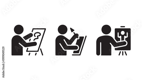 Creative Work Icons People Drawing Easel Laptop Design Business Presentation Minimal Black Silhouette Vector