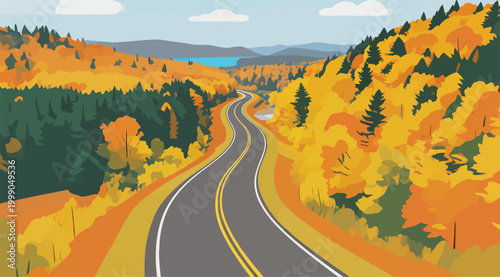 Scenic Autumn Winding Road Through Forested Hills
