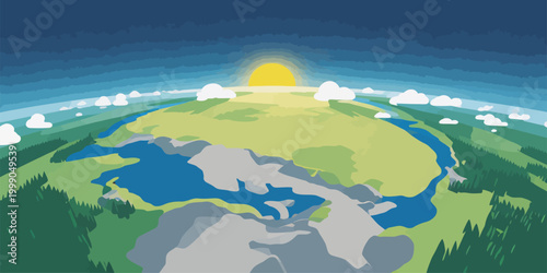 Flat Style Planet Earth Landscape With Rising Sun
