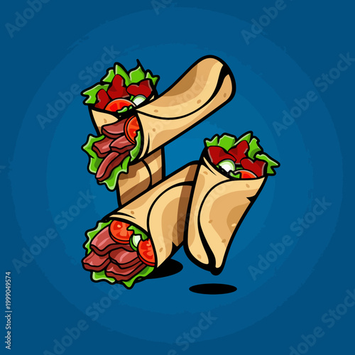 This image depicts a vibrant illustration of food wraps, showcasing fresh ingredients and flavors, perfect for food-related branding and culinary projects.