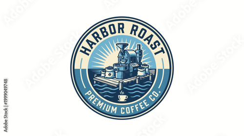 The logo presents a vintage coffee brand aesthetic, prominently featuring coffee equipment and a scenic harbor backdrop, appealing to coffee enthusiasts and connoisseurs.