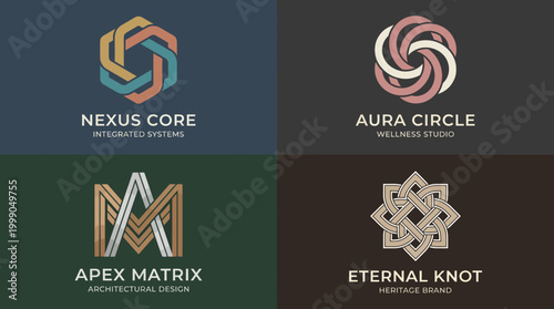 This image showcases a unique and vibrant logo design for 'Nexus Core', featuring interconnected shapes representing integration, collaboration, and advanced technology systems.