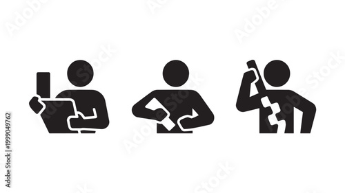 Technology Device Usage Silhouette People Icons Remote Work Digital Communication Minimal Black Vector