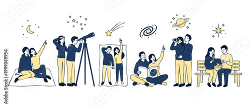 People Stargazing Together Set, Couples Observing Night Sky with Telescope and Binoculars, Astronomy Hobby and Romantic Date Concept, Minimalist Line Art Illustration of Science and Space Discovery