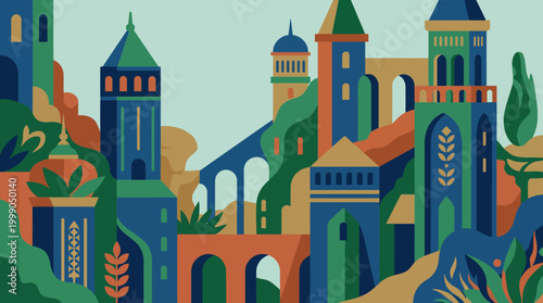 An artistic interpretation of a colorful cityscape featuring imaginative towers and foliage, showcasing a mix of geometric shapes and vibrant colors in modern art style.