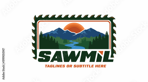 This logo showcases a nature-inspired design featuring mountains, trees, and a river under a vibrant sunrise, perfect for outdoor brands and eco-friendly businesses seeking a fresh identity.