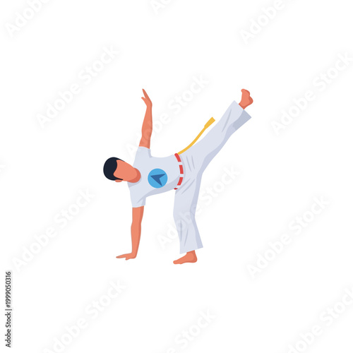 Vector illustration of a male practitioner performing a Capoeira movement, a Brazilian martial art, wearing traditional white uniform and yellow belt, isolated on white.