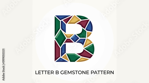 This image displays a creatively designed letter B using a vibrant gemstone pattern, showcasing various colors and shapes that create an appealing aesthetic.