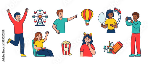 Amusement Park People Set Icons, Cartoon Characters Having Fun at Carnival Fair, Roller Coaster and Ferris Wheel Vector Illustration with Happy Visitors Enjoying Summer Vacation Entertainment Activiti
