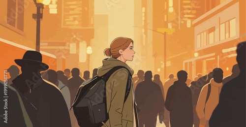 Young woman walking in crowded evening city street