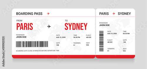 Air plane ticket template. Realistic airline ticket design with passenger name. Plane ticket vector template or airline boarding pass ticket isolated. Airline flight pass concept.
