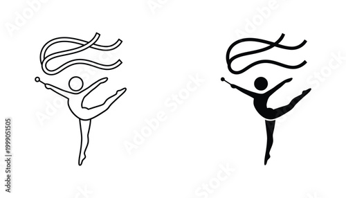 Rhythmic gymnast dancing with ribbon in elegant silhouette style for sports and fitness graphic design projects