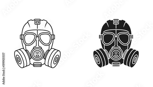 Professional gas mask icon set featuring protective equipment in outline and solid black silhouette for safety and hazard themes