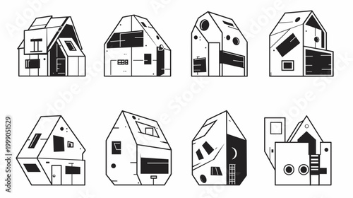 Abstract Black and White Stylized Houses with Geometric Shapes and Unique Designs