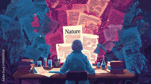 Artist Contemplating Nature's Essence Surrounded by Papers and Tools in a Creative Workspace