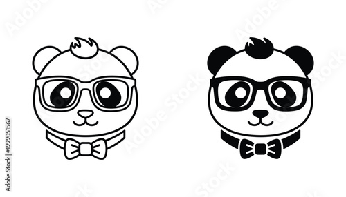 Cute panda character wearing glasses and bowtie illustration in linear and solid black graphic styles for children branding or stationery and creative design projects