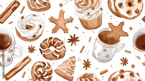 Assorted Festive Desserts and Beverages Including Cookies and Cupcakes on a Decorative Background