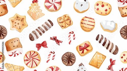 Assorted Colorful Cookies and Sweets Pattern on White Background with Festive Elements