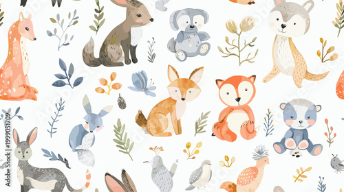 Charming Illustration of Playful Animals and Natural Elements in Soft Watercolor Design