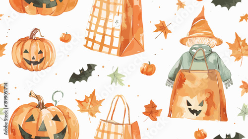 Charming Halloween Pattern Featuring Scarecrow Pumpkins and Autumn Leaves in Whimsical Design