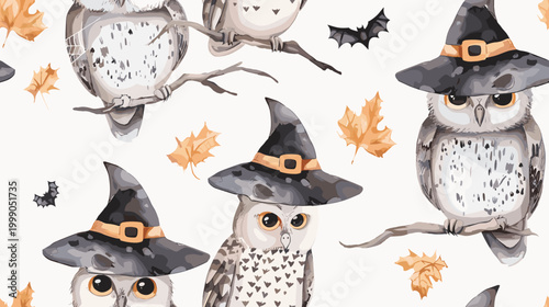 Charming Pattern of Owls Wearing Witch Hats Surrounded by Autumn Leaves and Bats