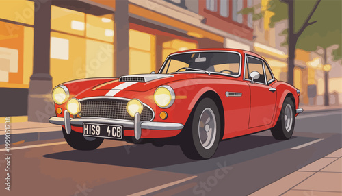 Vintage Red Sports Car Driving on City Street at Dusk