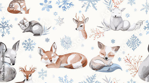 Charming Winter Pattern Featuring Cute Animals in an Arctic Scene with Snowflakes and Nature