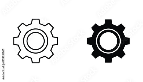 Gear cog icon set in linear and solid black styles for engineering and software configuration interfaces
