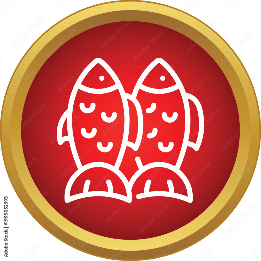 Fototapeta premium Pisces zodiac symbol featuring two fish in a red circle with a golden frame