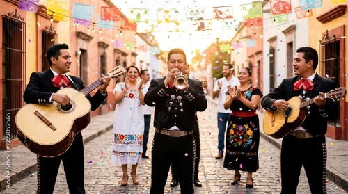 Mariachi musicians playing music for people dancing in street during festive Cinco de Mayo celebration. Traditional Mexican folk band with trumpet and guitar performing at city parade.