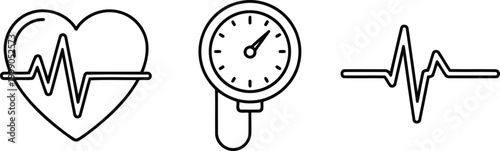 Vector of Heart pulse monitor pressure gauge and electrocardiogram line icons for medical health diagnostic applications