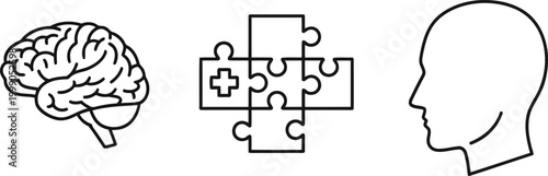 Vector of Human brain icon medical puzzle cross and silhouette of human head for psychological research and health