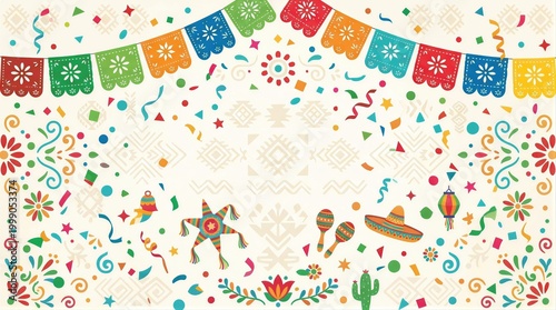 Cinco de mayo vector background with colorful paper flags, maracas, sombrero and confetti. Festive Mexican holiday design for invitation, party banner and greeting card decoration.
