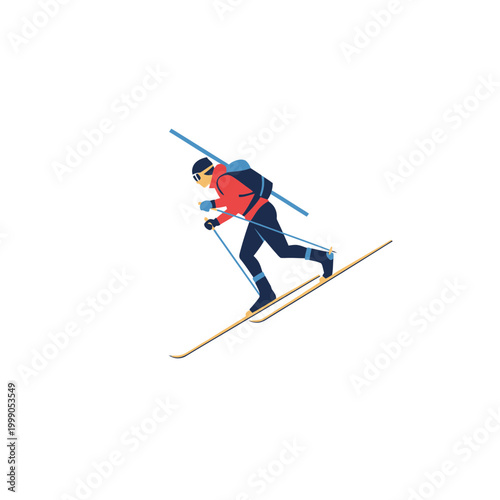 Minimalist vector illustration of a skier wearing a red jacket, blue pants, and a backpack, downhill skiing with poles, isolated on white background for winter sports and recreation.