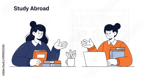 Two young adults engaged in a discussion with books and a laptop on a table against a clean white background with a