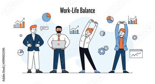 Illustration of four business professionals with work-life balance concept and various graphs and charts on a light