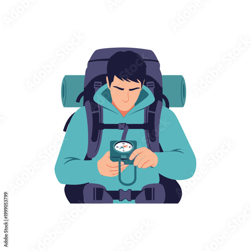 Vector illustration of a male backpacker wearing a teal hoodie and large purple rucksack, holding a navigational compass to find his way, isolated on a white background.