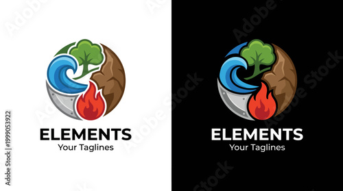This logo creatively combines earth, water, air, and fire, representing balance in nature, sustainability, and environmental awareness in a cohesive design.