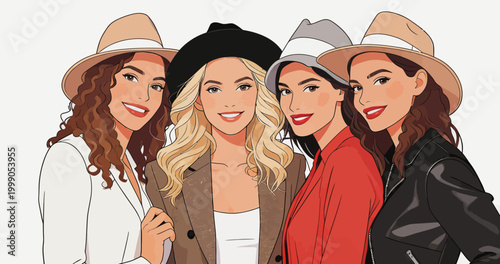 Group of stylish female friends posing for portrait illustration