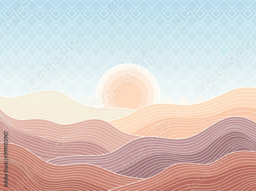 Abstract Minimalist Landscape with Sun and Wavy Rolling Hills in Terracotta and Pastel Blue