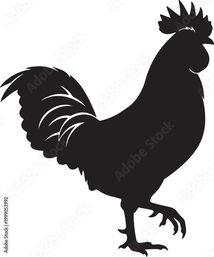 Black silhouette of a proud rooster with a detailed comb and tail feathers, standing with one leg raised, symbolizing farming and rural life.
