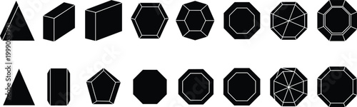 Geometric shapes collection 3d polygons and solid figures vector illustration black abstract forms set for design and mathematical concepts